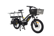 Load image into Gallery viewer, A product image of the Yuba Fastrack electric longtail cargo bike, showing the Espresso frame colour option. The Pot front basket and Monkey Bars seat accessories are shown attached to the bike. 
