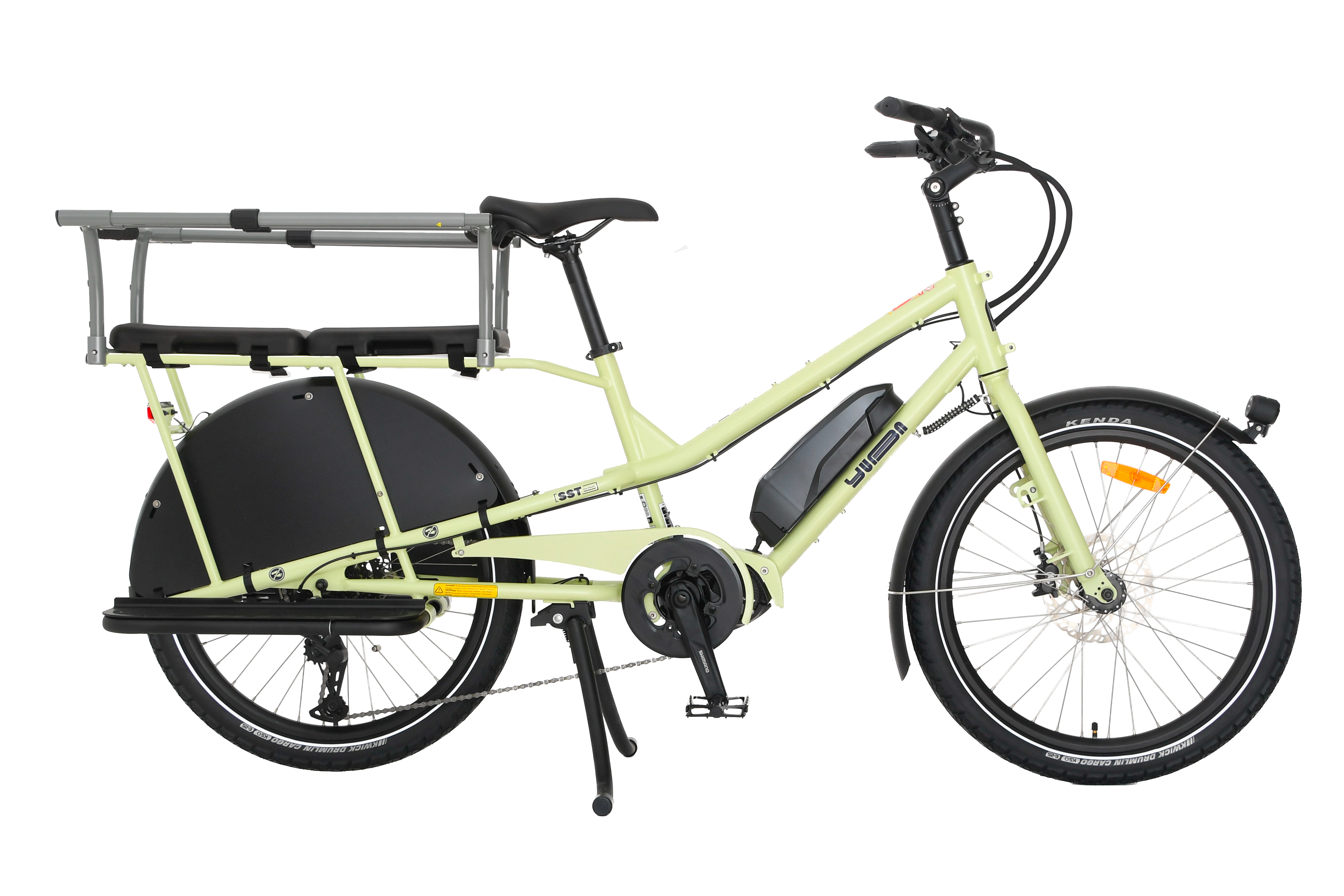 An electric longtail cargo bike.