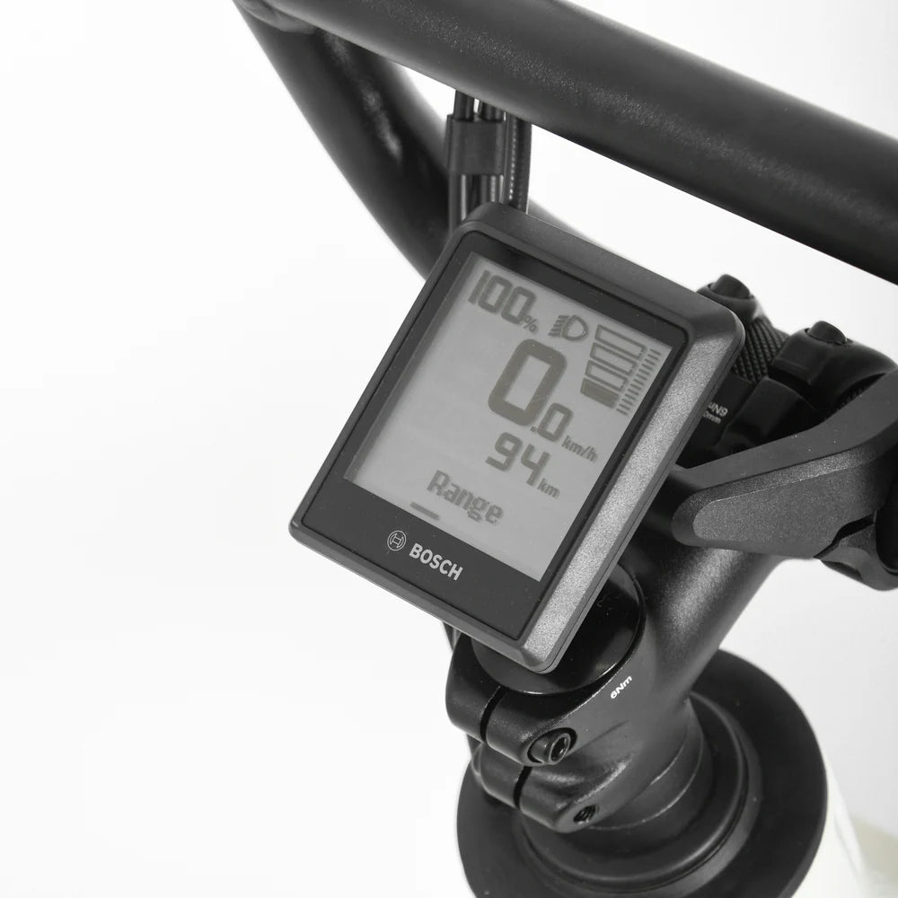 Bosch bike computer attached to a bicycle handlebar.