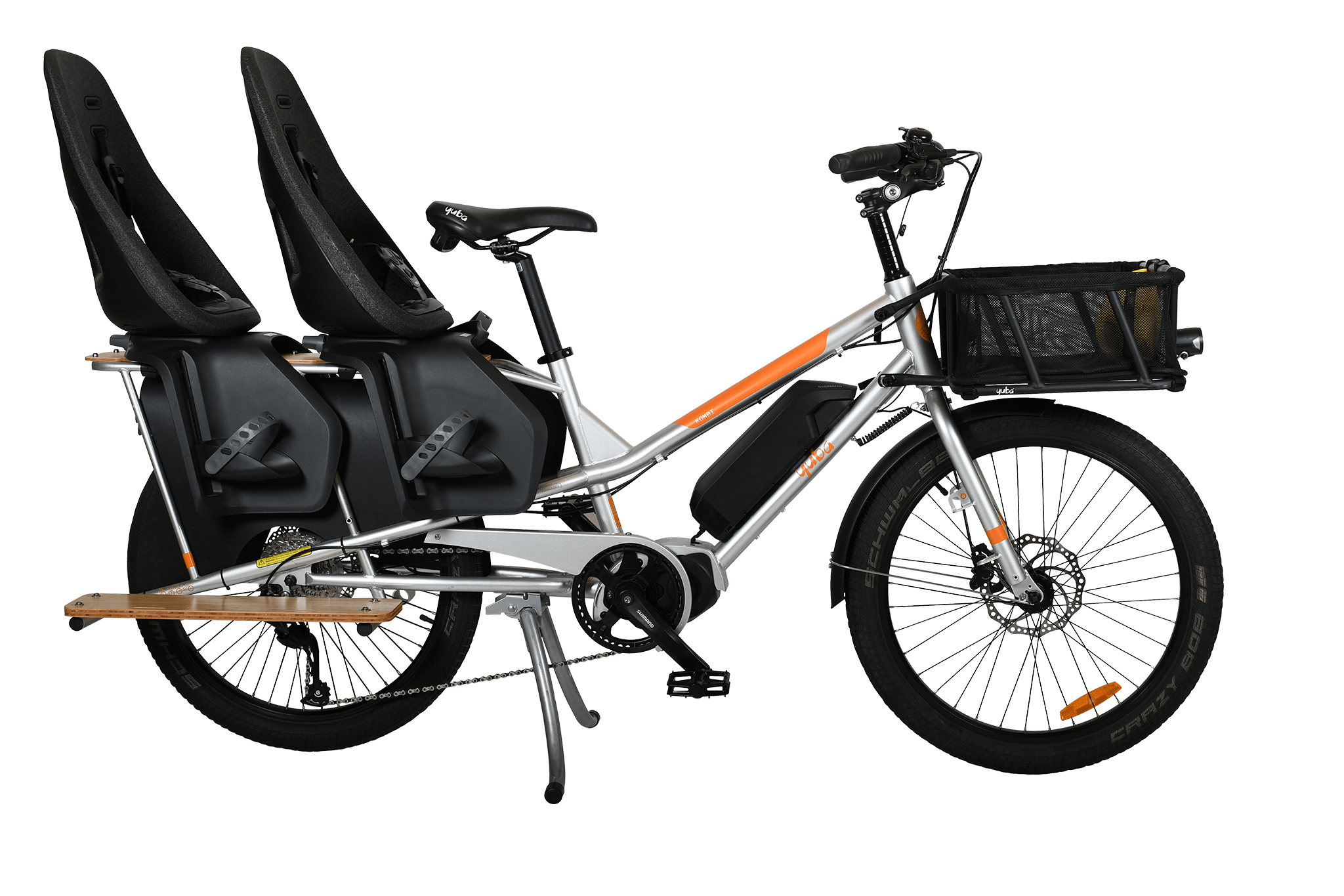 A product image of the Yuba Kombi E5 Electric longtail cargo bike from LeaseBike by Bleeper. The photo shows two child seats attached to the rear rack and a bread basket attached to the front of the bike. 