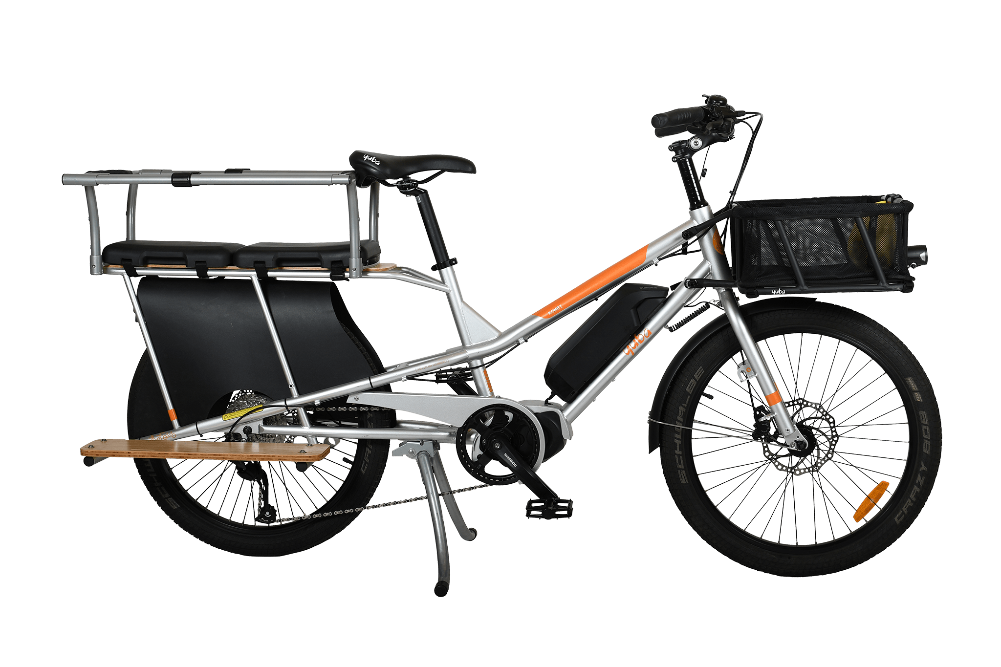 A product image of the Yuba Kombi E5 electric longtail cargo bike which can be hired from LeaseBike. The photo shows the right side of the cargo bike. The photo shows two soft spot seats and a monkey bar accessory attached to the rear rack and a bread basket attached to the front of the bike.