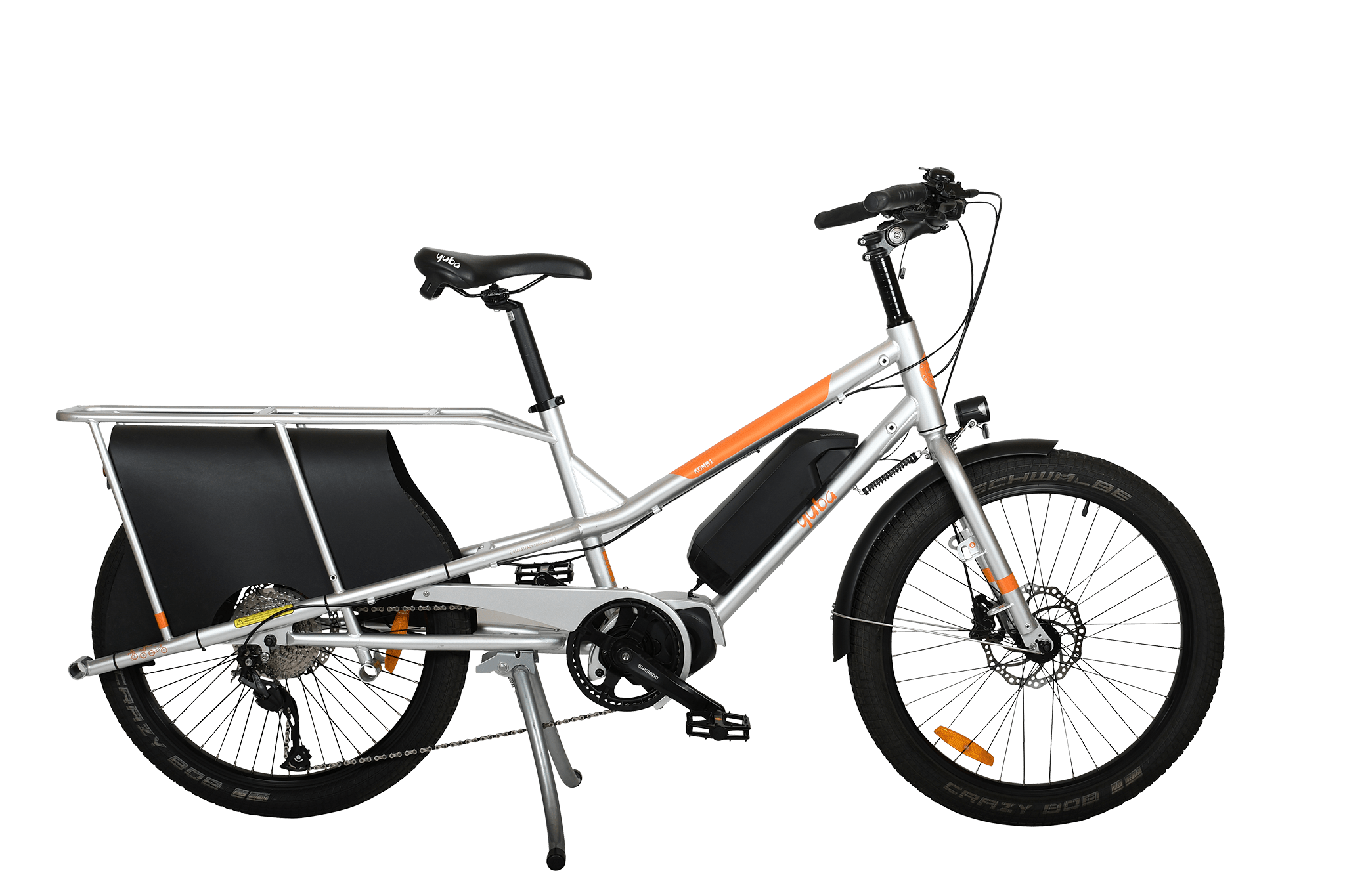 A product image of the Yuba Kombi E5 electric longtail cargo bike which can be hired from LeaseBike. The photo shows the right side of the cargo bike. 