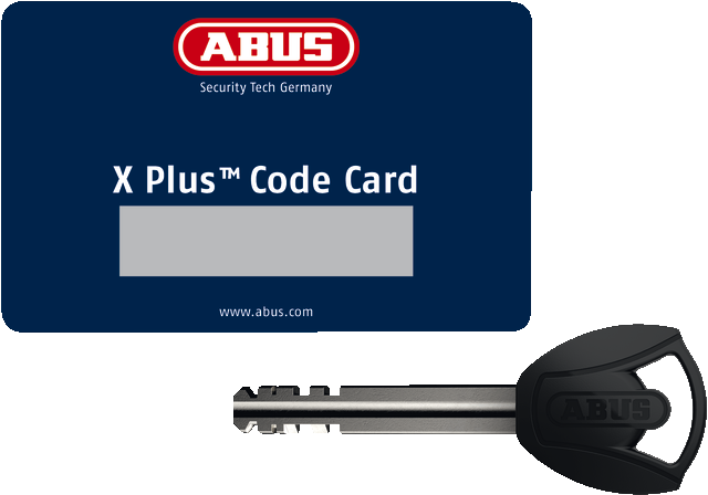 An image of an Abus bike lock key and an X Plus Code Card.