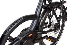 Load image into Gallery viewer, Product image of the Bimas eCargo 3.3 Premium electric cargo bike showing a close-up of some of the components, including the Bafang electric motor, the hub gears, the disc brakes, and the wheel lock.
