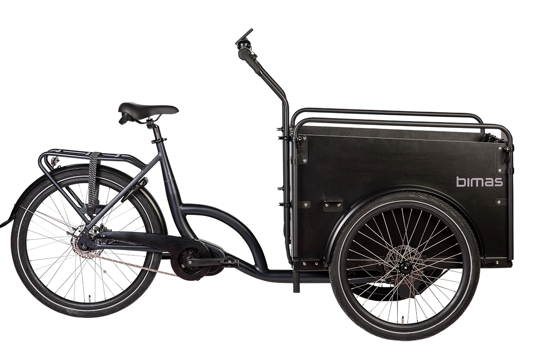 Product image of the Bimas eCargo 3.3 Premium electric cargo bike, shown from the right hand side. The bike frame and cargo box are both black.