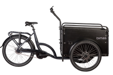 Load image into Gallery viewer, Product image of the Bimas eCargo 3.3 Premium electric cargo bike, shown from the right hand side. The bike frame and cargo box are both black.
