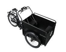 Load image into Gallery viewer, Product image of the Bimas eCargo 3.3 Premium electric cargo bike, shown from the right hand side. The bike frame and cargo box are both black. The photo is taken from an overhead angle showing the interior of the cargo box.
