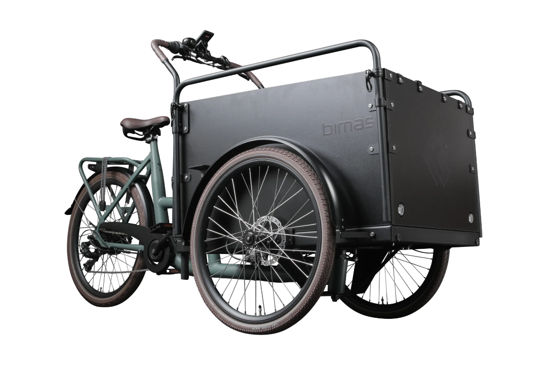 A product image of the Bimas eCargo 3.3 Economy electric cargo bike, showing the front and right side of the cargo bike.