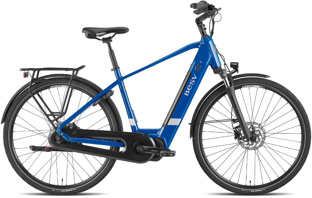Product image of the BESV CT 2.3 electric bike with the crossbar frame variant, in the colour denim blue.