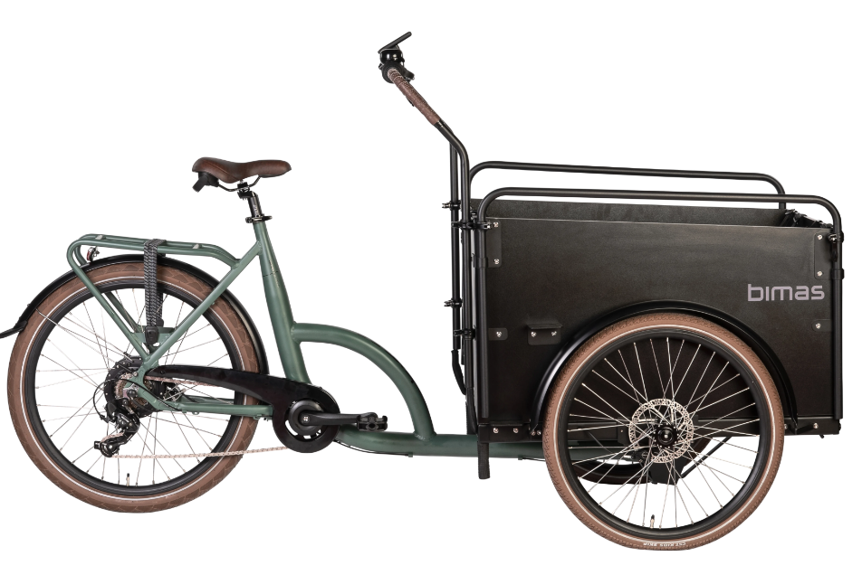 A product image of the Bimas eCargo 3.3 Economy electric cargo bike, showing the side of the cargo bike.