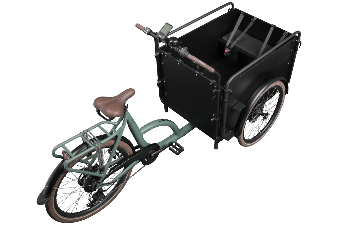 A product image of the Bimas eCargo 3.3 Economy electric cargo bike, showing the top and right side of the cargo bike from a rear angle.