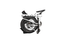 Load image into Gallery viewer, A product image of the Ahooga Max folding electric bike showing the bike in its fully folded configuration. The bike frame is white with black accents. The Ahooga Max folding electric bike is available to buy from Bleeper.
