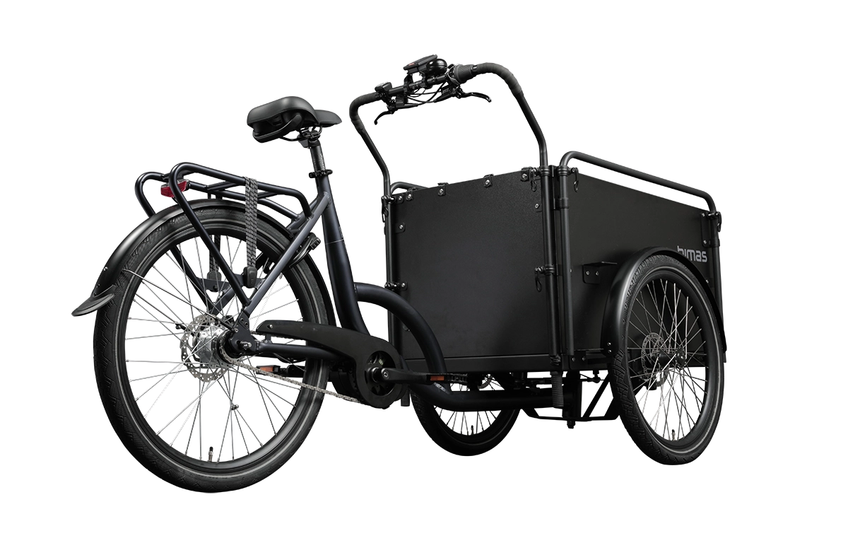 Product image of the Bimas eCargo 3.3 Premium electric cargo bike, shown from the right hand side. The bike frame and cargo box are both black. The photo is taken from an oblique angle to the rear of the cargo bike. 