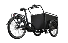 Load image into Gallery viewer, Product image of the Bimas eCargo 3.3 Premium electric cargo bike, shown from the right hand side. The bike frame and cargo box are both black. The photo is taken from an oblique angle to the rear of the cargo bike. 

