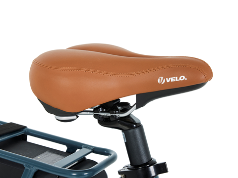 A close up of the saddle of the Beaufort Billie electric folding bike.