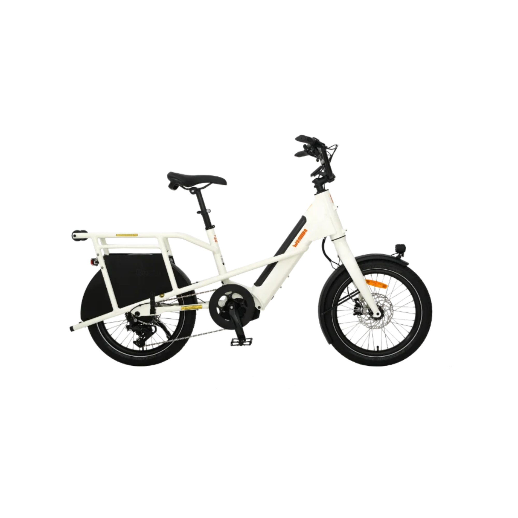White e-bike with black accents on a white background