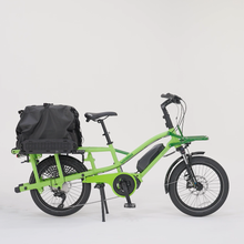 Load image into Gallery viewer, A product picture of the Yuba DRS Bags attached to the rear carrier of the Yuba Fastrack electric longtail cargo bike. This photo shows the bags in the 'High' position.
