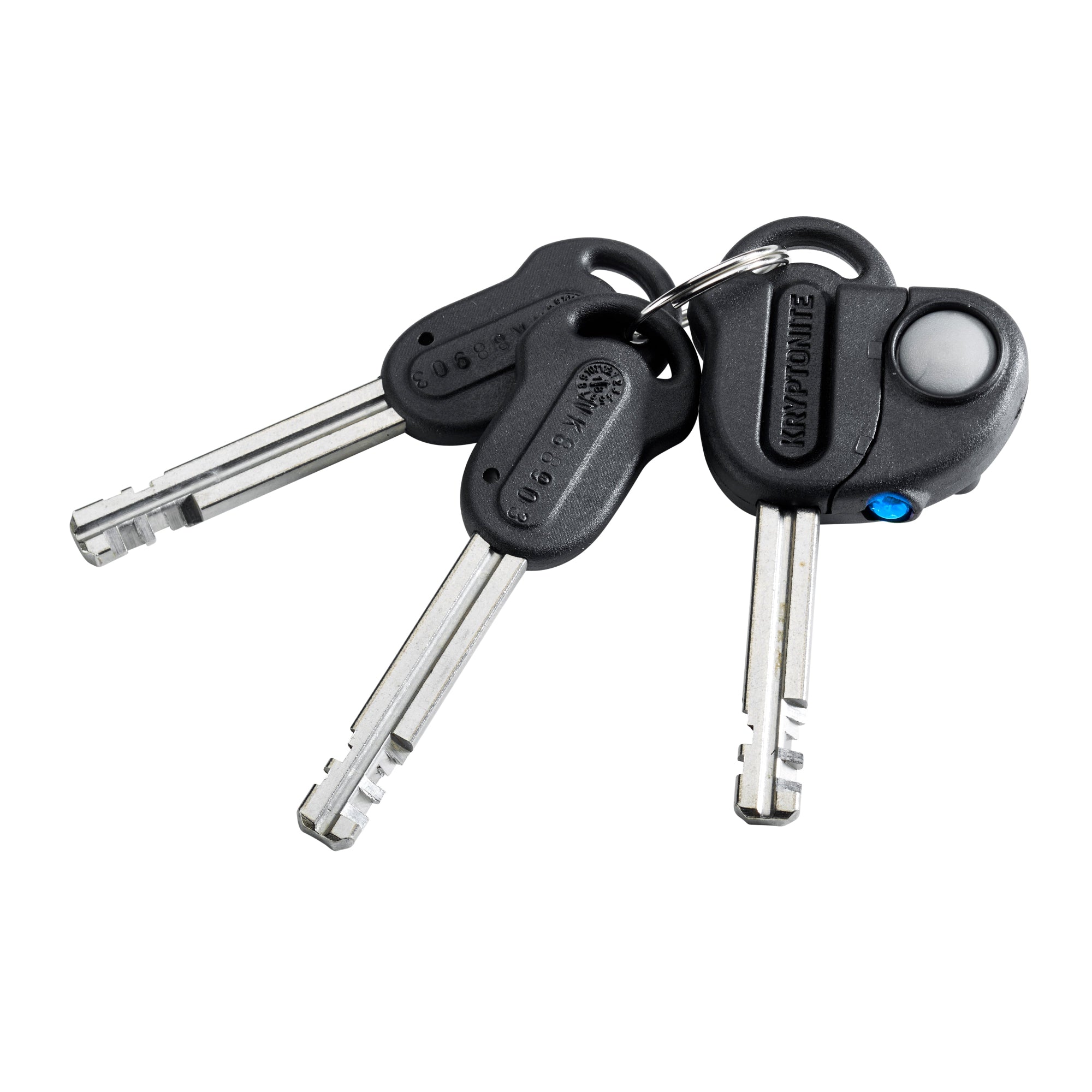 Set of keys with a keychain on a white background.