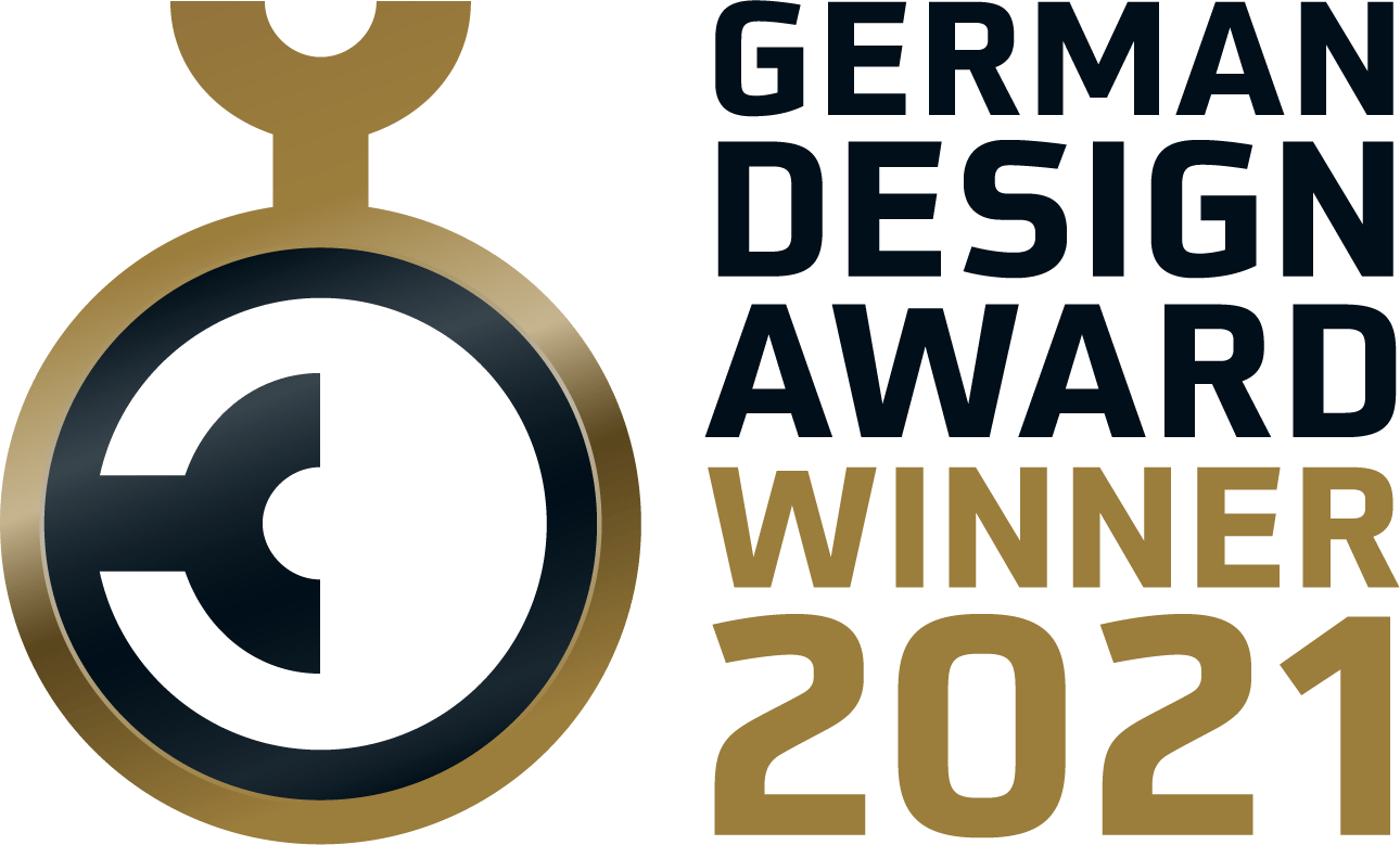 German Design Award Winner 2021 logo in gold and black, featuring stylized circular emblem and bold.
