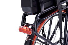 Load image into Gallery viewer, A product image of the Veloci Spirit electric bike from LeaseBike showing the detail of the integrated rear red light, which is powered by the electric bike's battery.
